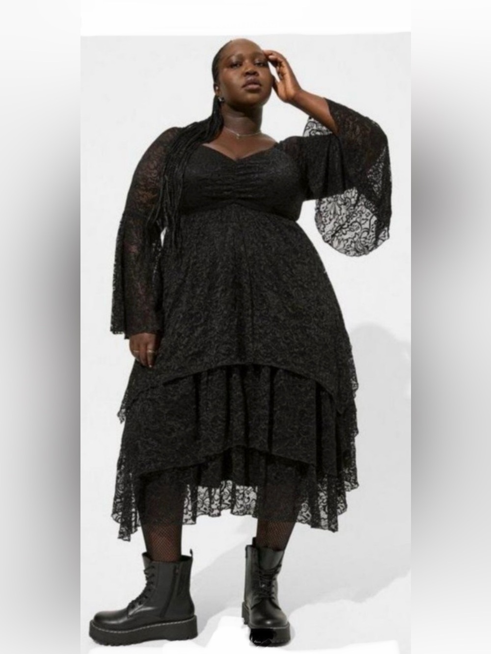 Torrid Black Lace Tiered Midi Dress with bell sleeves
